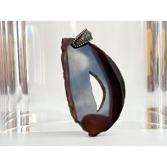 Rich Brown Sliced Agate Geode Crystal Freeform Silver Toned Vintage Pendant - Picture 9 of 13